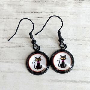 Cute Black Cat Earrings, Halloween Dangles, Art Under Glass